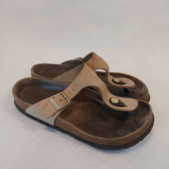 Birkenstock Sandals Women 5 5.5 Beige Gizeh Birko Flor Thong Slip On Flats EU 36 - Picture 1 of 13
